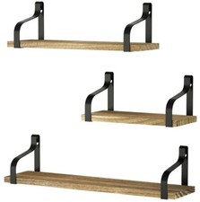 Set of 3 Floating Shelves Wall Mounted Carbonized Black Metal Frame Wood Base