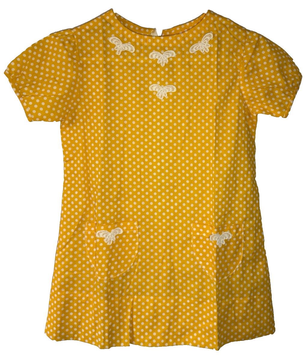 Vintage Yellow White Polka Dot Little Girls Cute Summer Dress 50s 60s