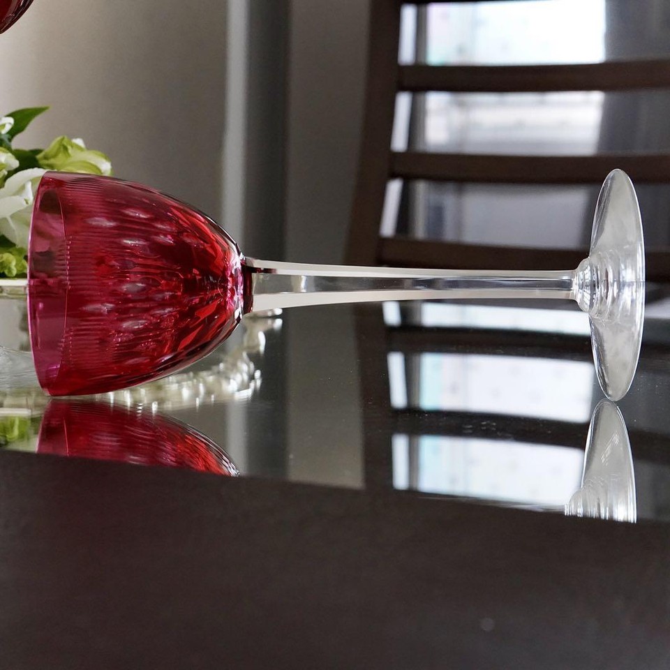 Old Baccarat Gold Red/Red Overlaid Molière Roemer Wine Glass Pair