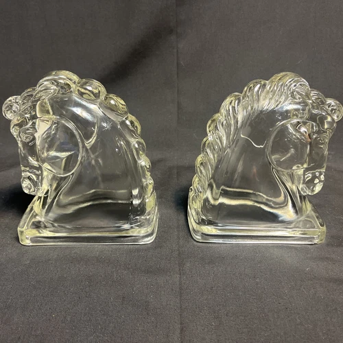 Vintage LE L E Smith Federal Clear Glass Pair of Horse Head Bookends TB2