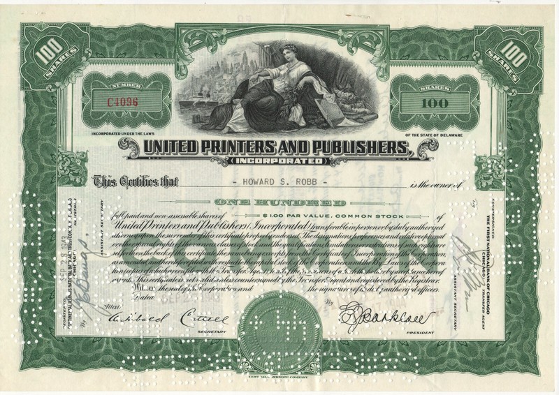 Stock Certificate, "United Printers and Publishers"
