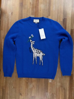 GUCCI blue Intarsia giraffe motif wool crewneck sweater Large authentic NWT