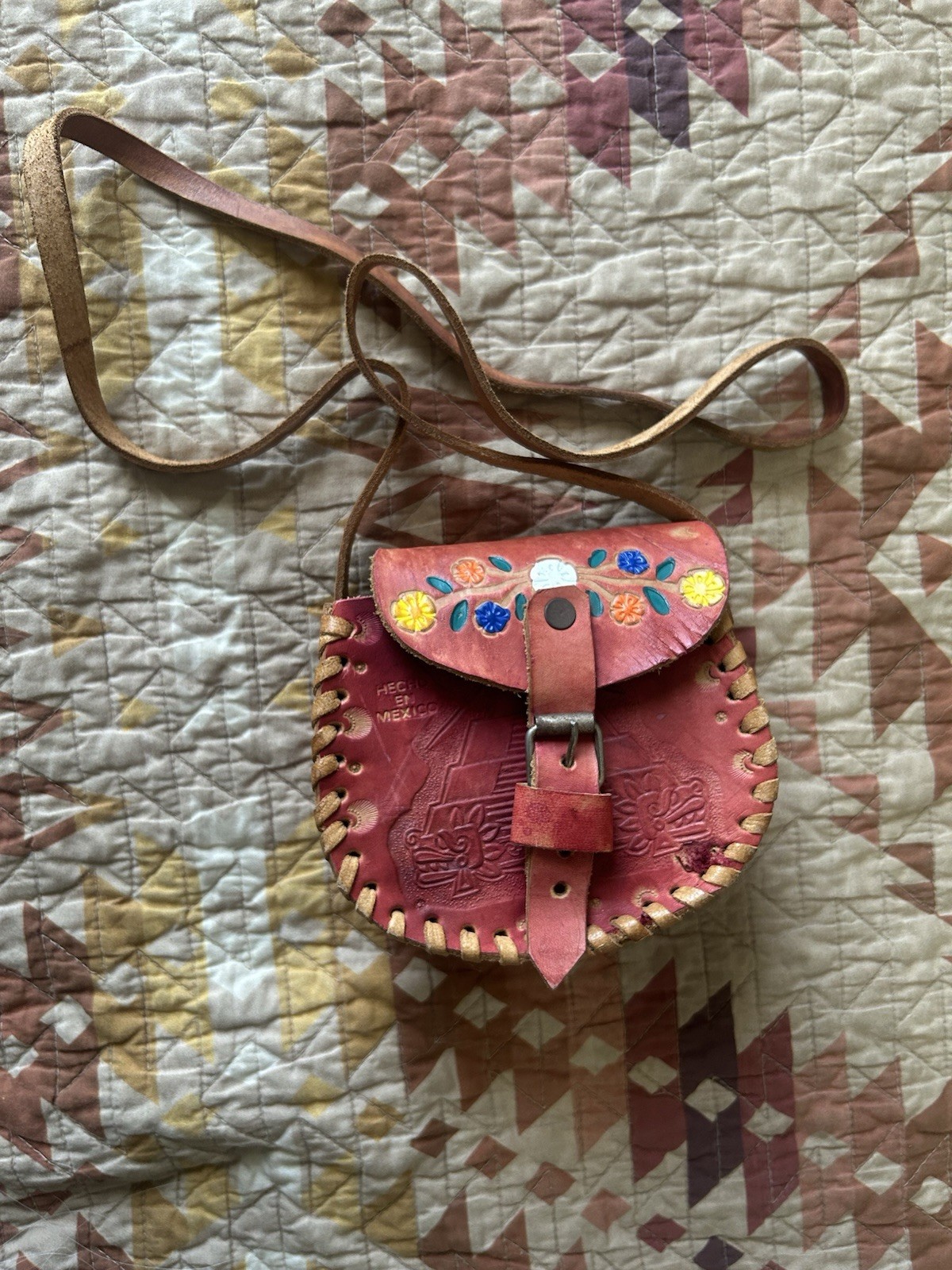 Vintage Mexican Tooled Red Floral Embroidered Buckle Small C