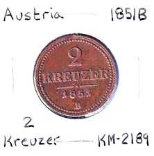 1851B  Austria 2 Kreuzer (KM-2189) Copper  [Franz Joseph]  Kremnica Mint