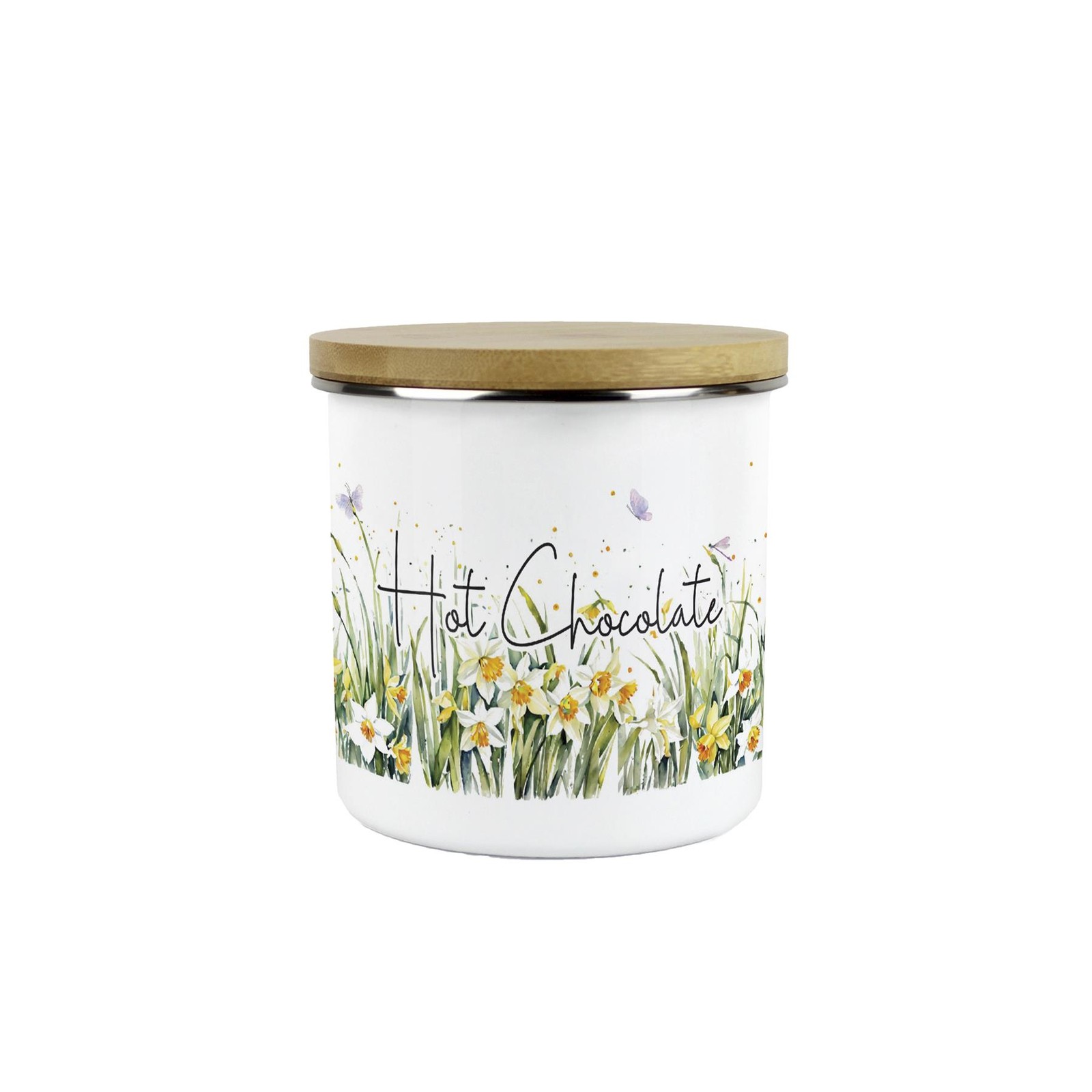 Spring Daffodils Hot Chocolate Canister - Floral Enamel Kitchen Storage Jar Gift