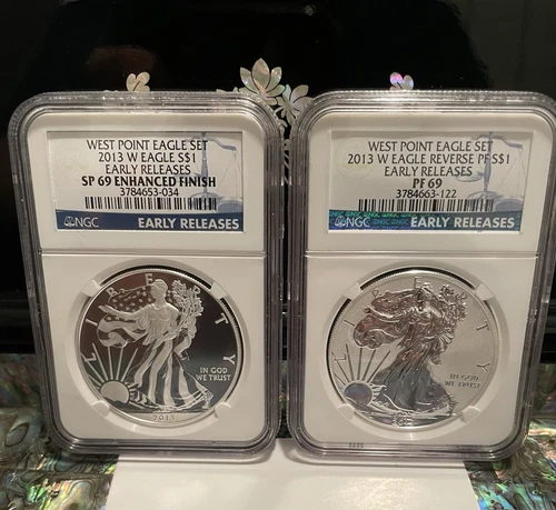 2013-W West Point Mint Silver Eagle Set NGC PF 69 & SP 69 Enhanced and Reverse