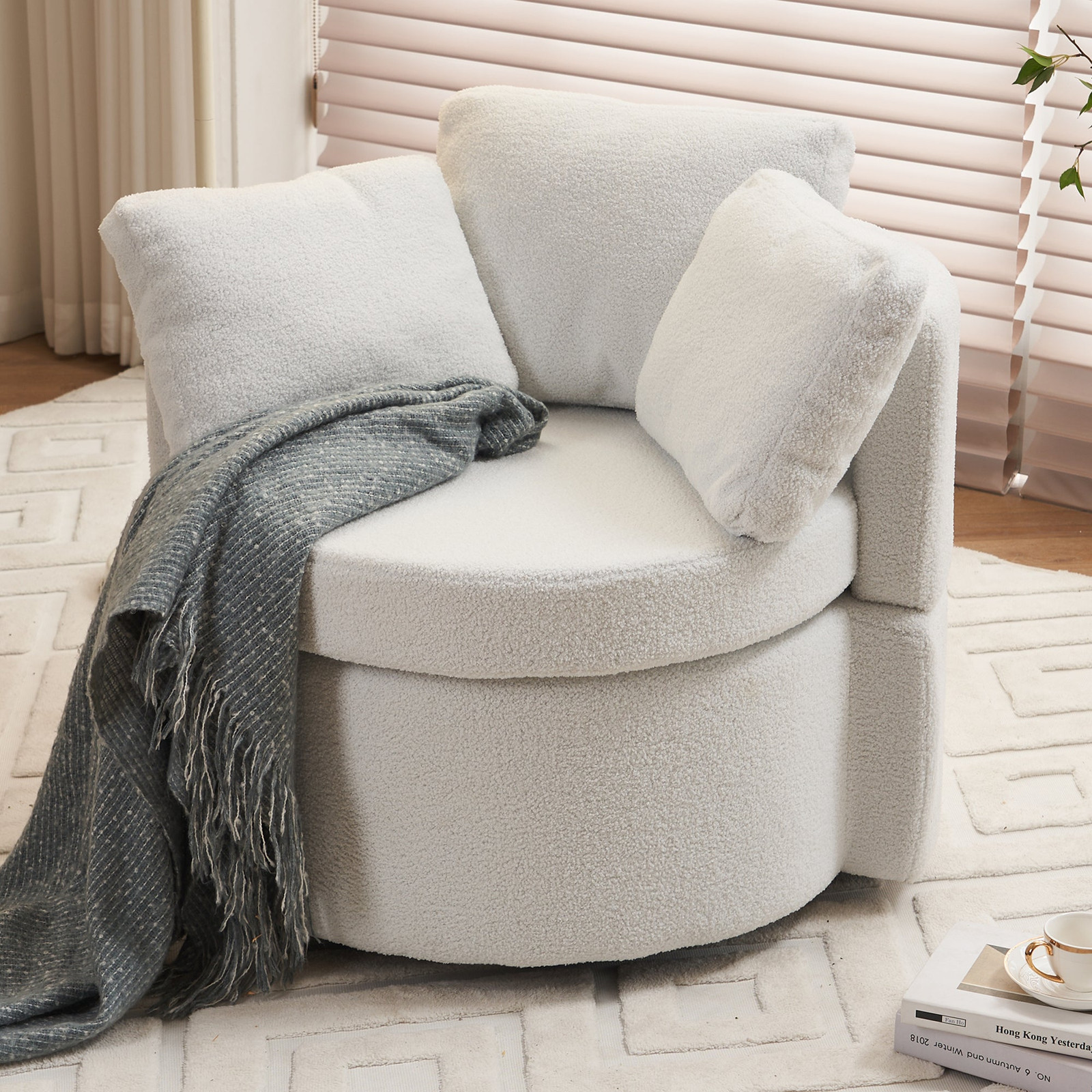 Ivory Teddy Swivel Storage Chair with Plush Cushion