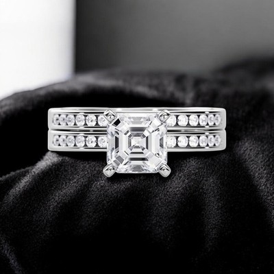 Asscher Cut Diamond Ring Set 14k White Gold 2.32 Carat E F VVS IGI Lab Created