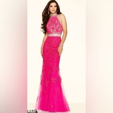 Mori Lee Fushia bright pink lace jeweled mermaid style prom dress