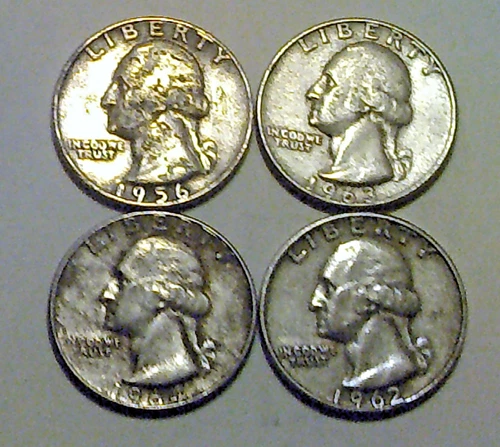 Lot of Four Silver Washington Quarters,  1956-D, 1962-D, 1963-D, 1964-D
