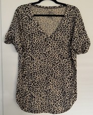 Leopard Animal Print Cheetah V Neck Blouse Top Size XL Short Sleeve Shirt