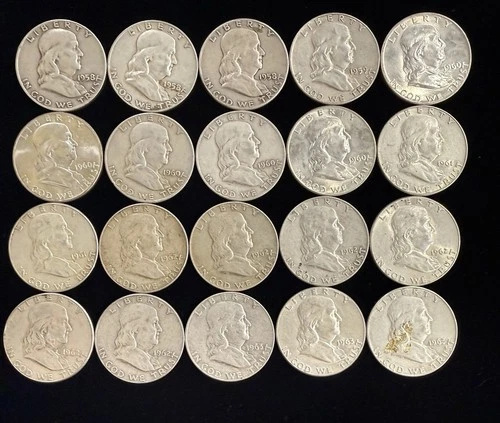 1958-1963 Ben Franklin Half Dollars 90% Silver 20 Coin Lot