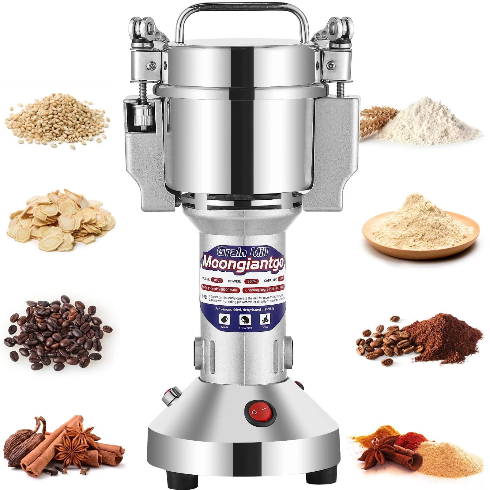 Grain Mill Grinder Electric 150g Commercial Spice Grinder 850W Stainless Stee...