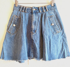 VTG 80'S JORDACHE DENIM MINI SKIRT fade Blue cut off fray Yoke pockets S W27