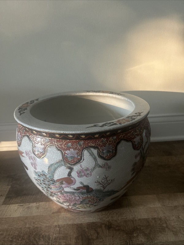 Large Asian Porcelain Fish Bowl Planter Satsuma Peacock Floral Red Black