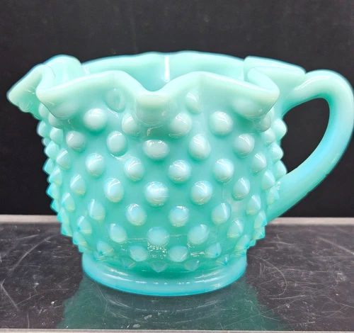Vintage Fenton Hobnail Turquoise Milk Glass Ruffled Edge Creamer - See Notes