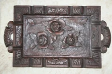 Old Antique Awesome Wooden Tray Hand Carved Rose Flowers Black Forest Style 21" 