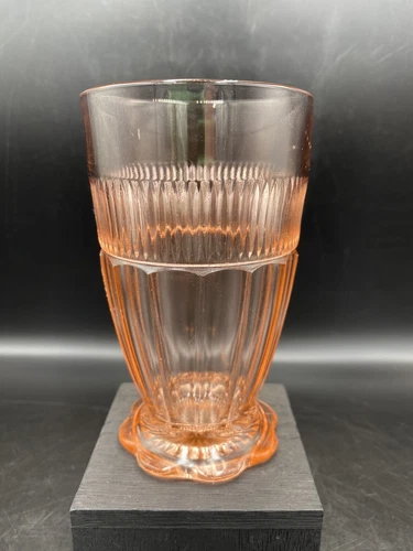 HOCKING GLASS CO PINK DEPRESSION 5” 10oz CORONATION FOOTED TUMBLER BANDED RIB