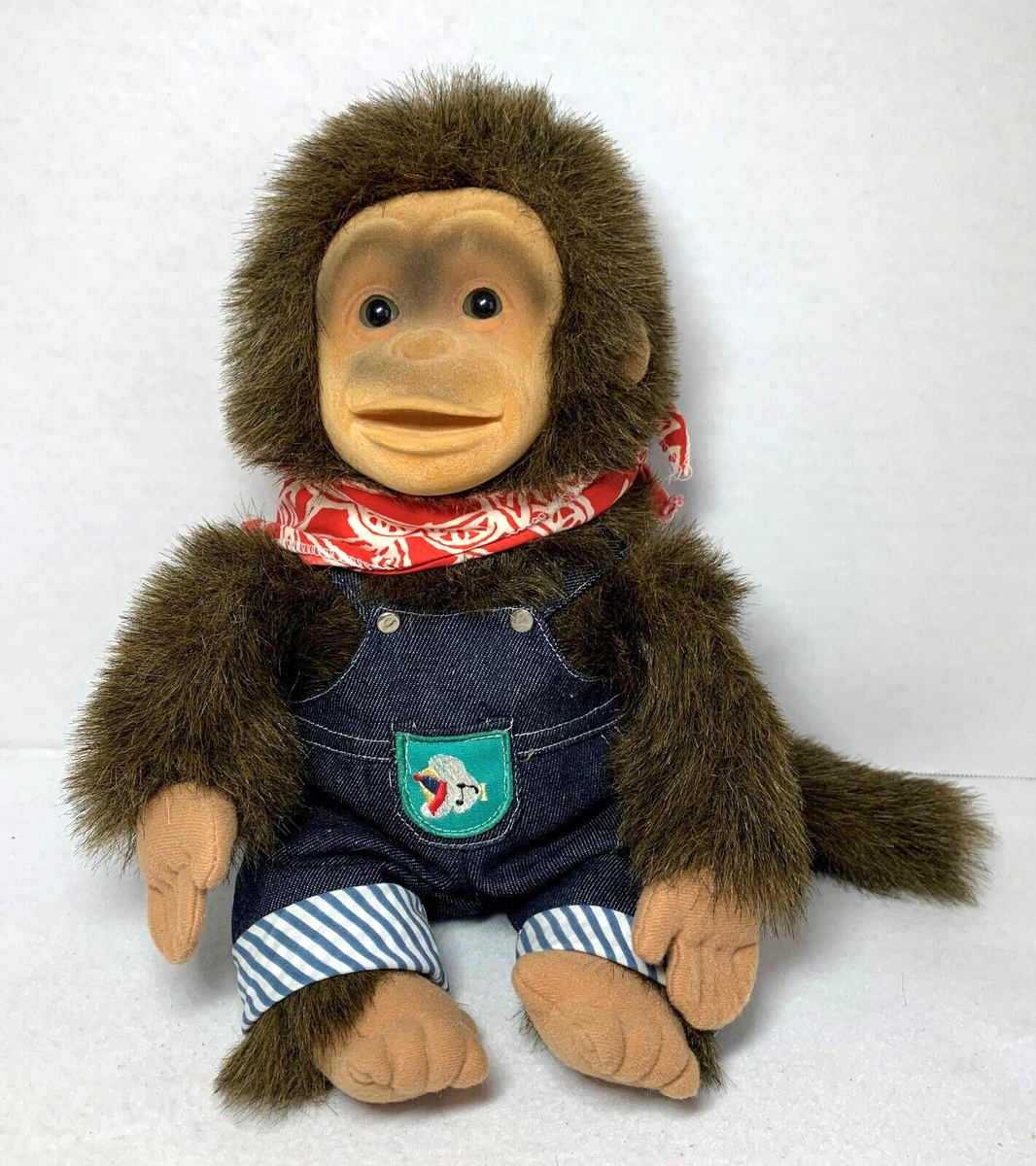 Vintage Hosung 1992 Monkey Hand Puppet Plush Denim Overalls