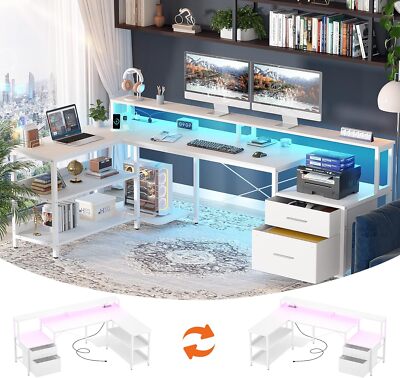 73'' L Shaped Computer Desk with Fabric File Drawer & Monitor Stand ＆ LED ＆Outlet