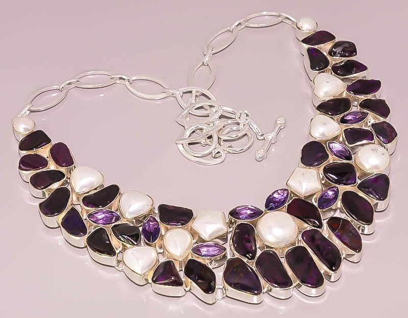 Natural Sugilite White Pearl Amethyst Quartz 925 STERLING SILVER PLATED NECKLACE