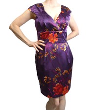 Evie Purple Satin Dress Sz 10 OOAK British Floral Bombshell Gorgeous Pencil NWT