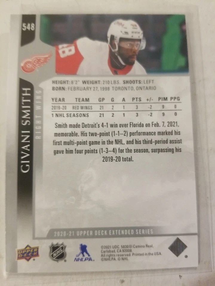 2020-21 Upper Deck Extended Series  Givani Smith #548-Red Wings - Image 2 of 2