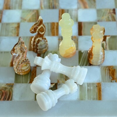 Chess Pieces Only Handmade Marble for 12 to 16 inch Board Vintage Green & White