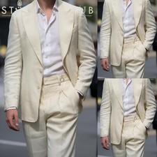 Ivory Linen Men Suits 2Pcs Summer Peak Lapel Tuxedos Casual Leisure Party Blazer