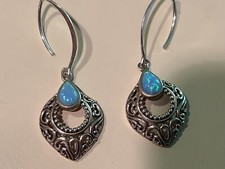 Blue FIRE OPAL Teardrop Dangle Earrings 925 STERLING SILVER