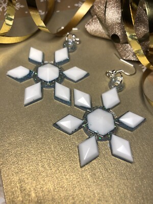 Handgefertigte Ohrringe-Weihnachten-Schneeflocke-weiß-blau Glitzer-Party-Kostüm