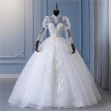 Puff Long Sleeves Wedding Dresses Elegant Lace Tulle High Neck Bridal Gowns