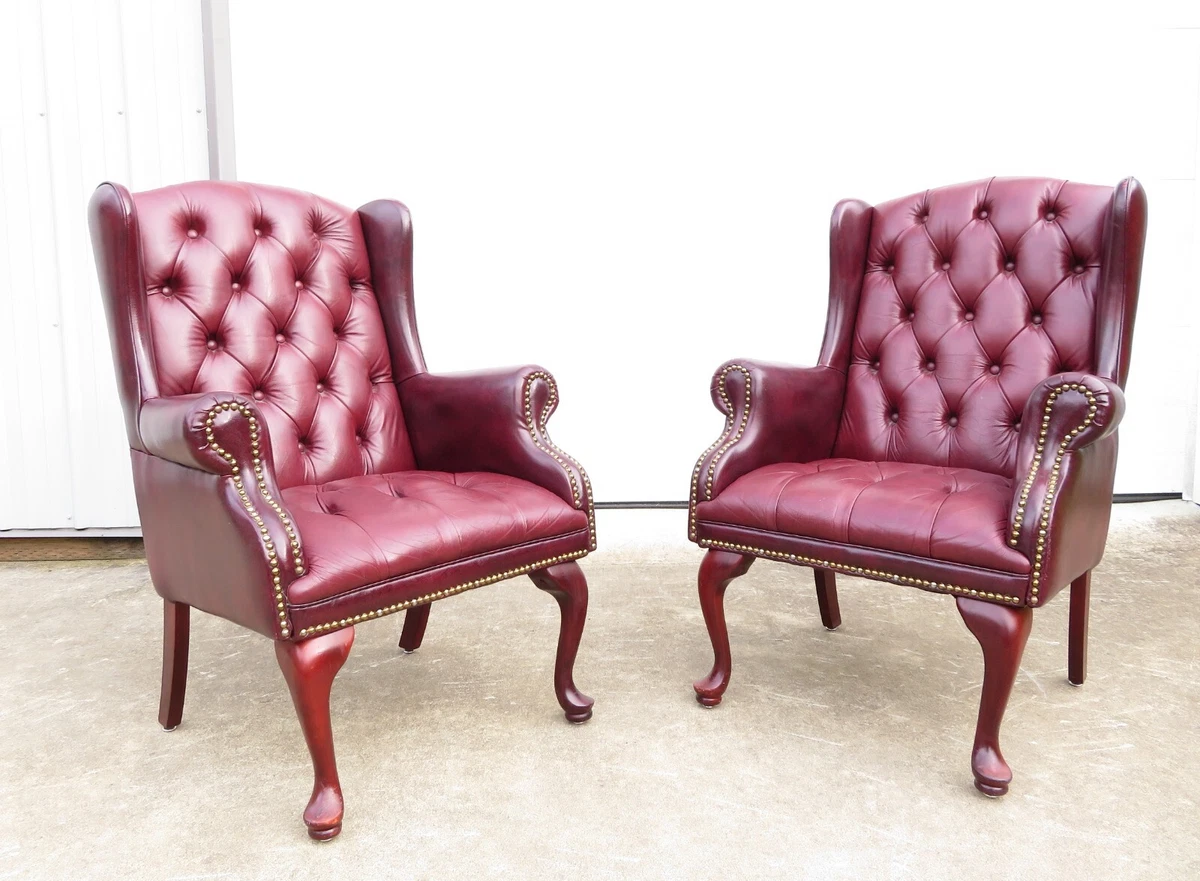 Vintage PAIR of LEATHER TUFTED WINGBACK ARMCHAIRS Chesterfield