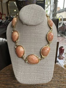 Authentic Vintage Designer Gold Plated Peach Resin White Rhinestone Link Necklace 18”