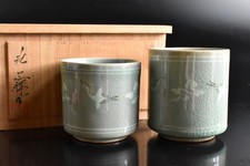 S9180: Korean Goryeo celadon Cloud Crane inlay TEACUP 2pcs, auto w/signed box