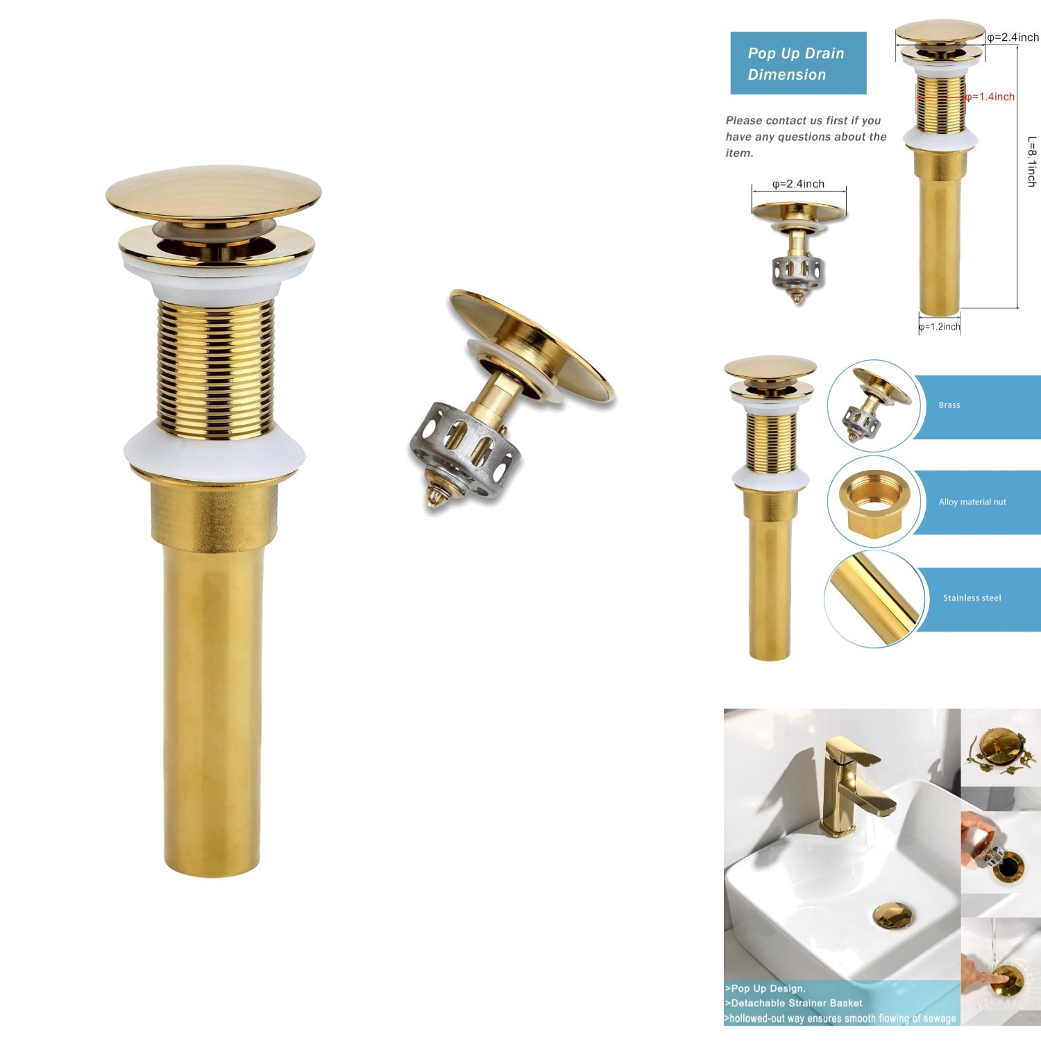 Bathroom Sink Pop Up Drain Stopper Assembly Anti Clog No Ove