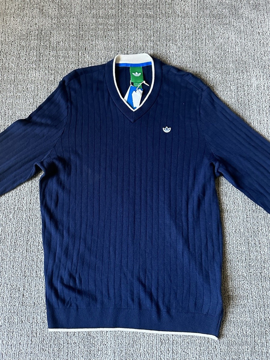 Size Large - Men Adidas Blue Ribbed Pullover Sweater Knit Cashmere
