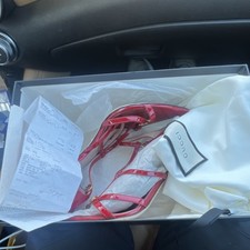 Gucci Red Patent Leather Strappy Pointed Toe Stiletto Heels Gold Hardware EU 38