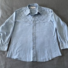 VINTAGE Wrangler Shirt Mens XL Pearl Snap Cowboy Rodeo Quilted Yoke Chambray 70s