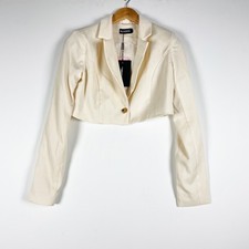NEW Pretty Little Thing Women's Cream Woven Button Front Crop Blazer Jacket 2