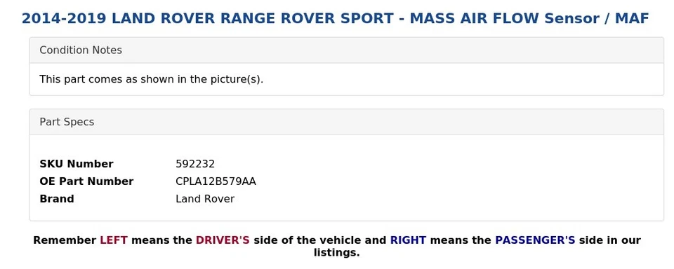 Land Rover Range Rover Sport 2014-2019 - Sensor de flujo de aire masivo / MAF Foto 3 de 4