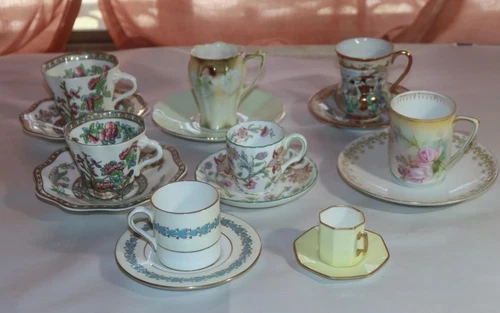Assortment of 8 Tea Cups & Saucers Demitasse & RS Prussia Chocolate Cups