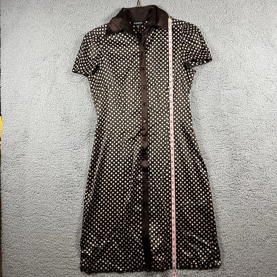 Bebe Women's Size M Brown Button-Up Short Sleeve Polka Dot Shirt Dress - Image 3 of 4
