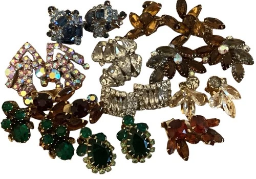 Lot of 11 Vintage Costume Jewelry Clip On Earrings Multi Color Rhinestones