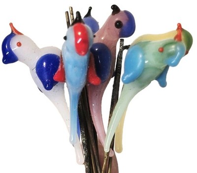 Italian MCM Murano Glass Birds on Wire Hat Pin Plant Colorful Rare 10pc Bird