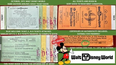 1971 Walt Disney World OPENING DAY EASTERN AIR Adult Ticket Book TICKETS COA C7