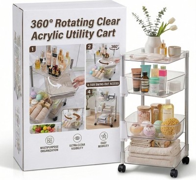 360° Rotating Clear Acrylic Cart - Versatile Rolling Organizer & Storage Trolley