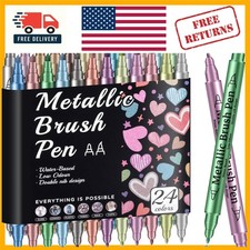 24 Metallic Acrylic Paint Markers - Paint Pens for Drawing, Brush + Fine Tips -