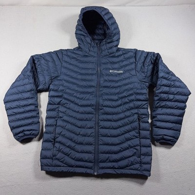 Columbia Down Filled Puffer Jacket Men Medium Hooded Full Zip Navy Blue Quilted