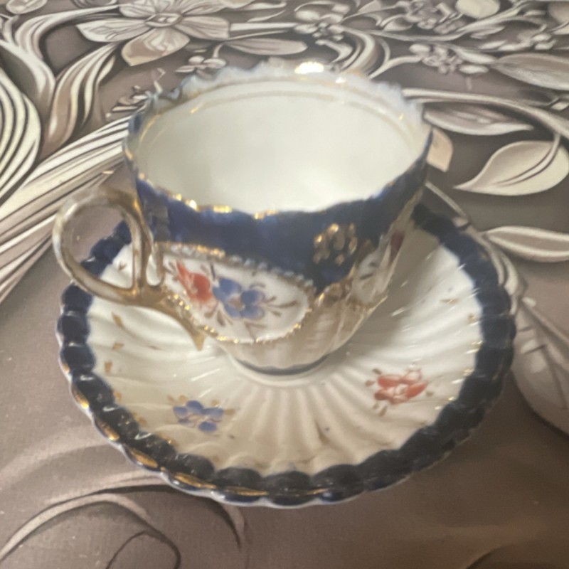 German Porcelain Floral Decorated Tea Cup & Saucer Set Blue/White Gold Red